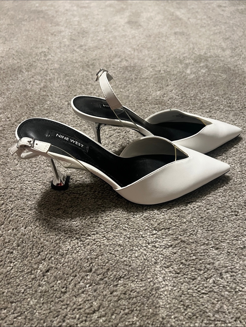 Nine West White Pointed Toe Slingback Pumps Sculptural Clear Heel 8.5M NWOB